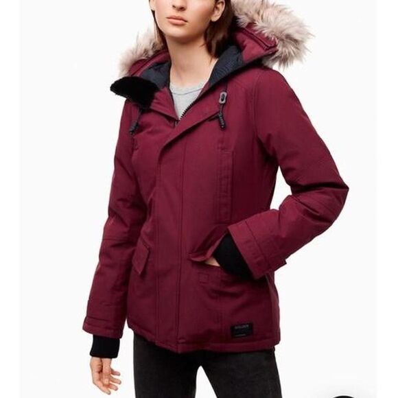 Aritzia TNA Goose Down Waterproof Windproof Fur Hood Jacket XS - Olive Brown - Picture 7 of 8